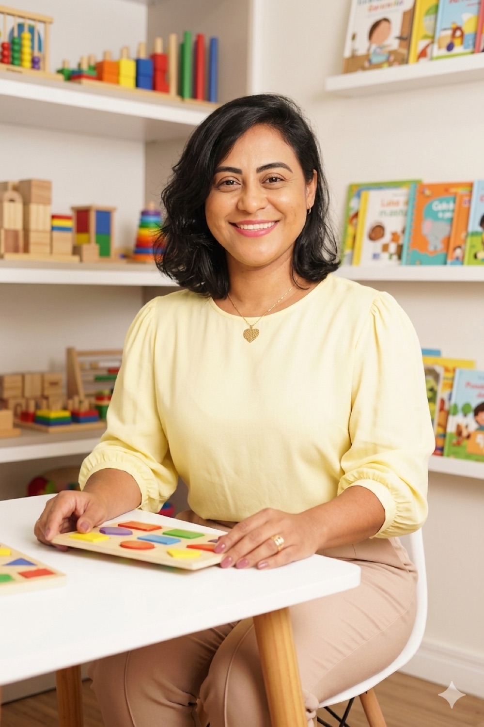 Glayciane Pinheiro sorrindo em seu consultório, com brinquedos pedagógicos coloridos ao fundo